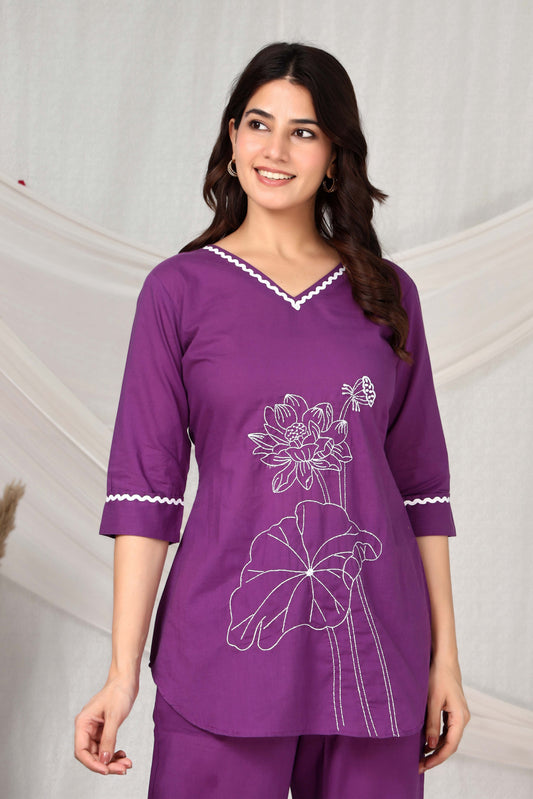 Rang Ease Lavender Luxe Embroidered Cotton Co-Ord Set