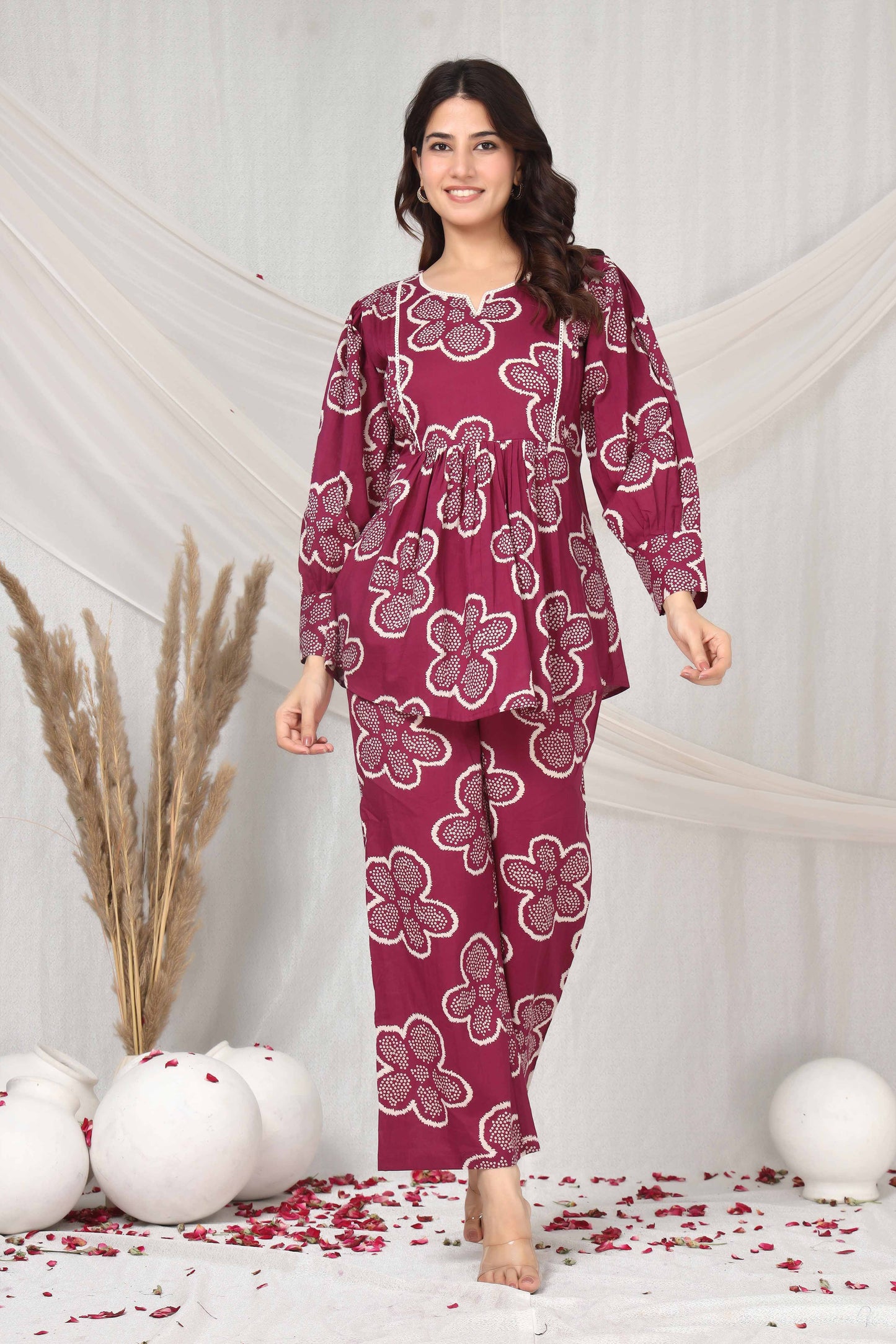 Floral flare in maroon hue co-ord set
