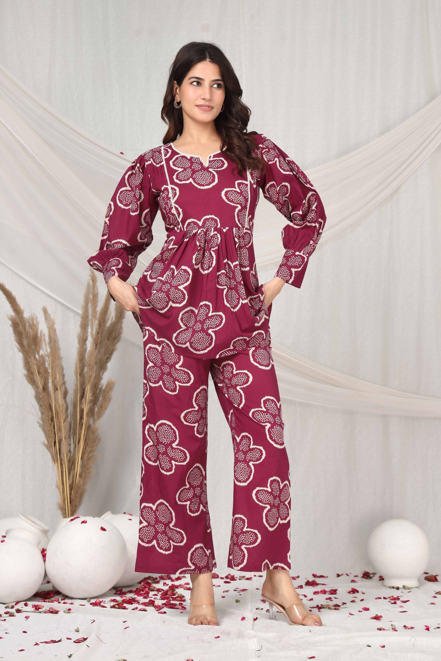 Floral flare in maroon hue co-ord set