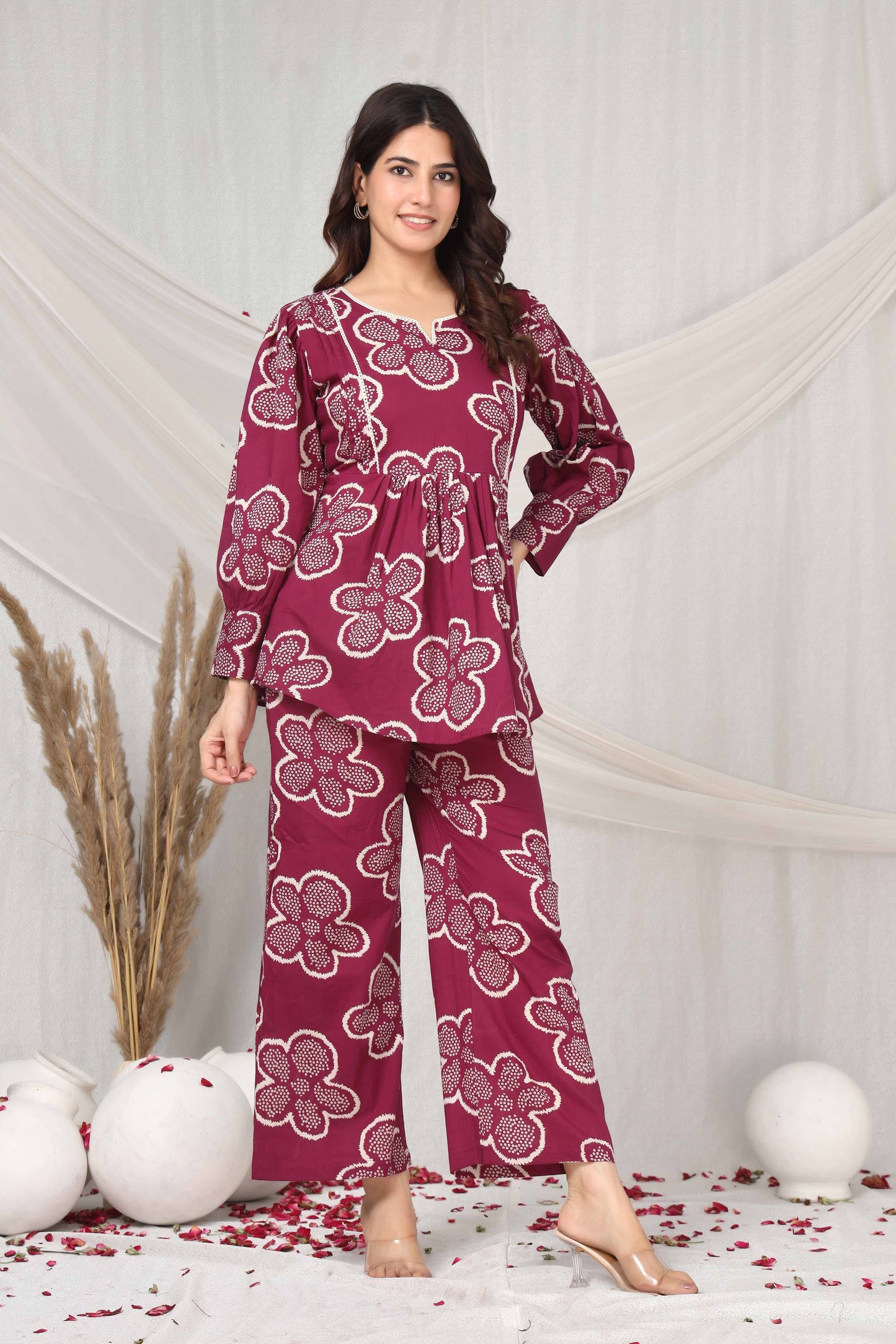 Floral flare in maroon hue co-ord set