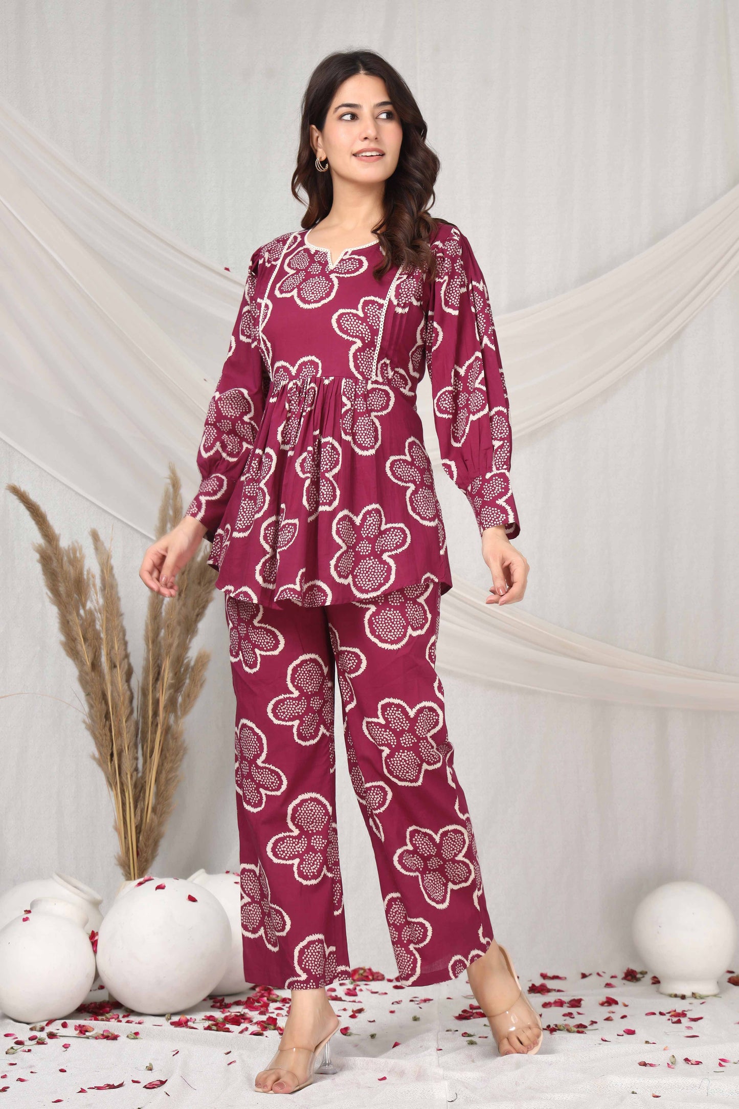 Floral flare in maroon hue co-ord set