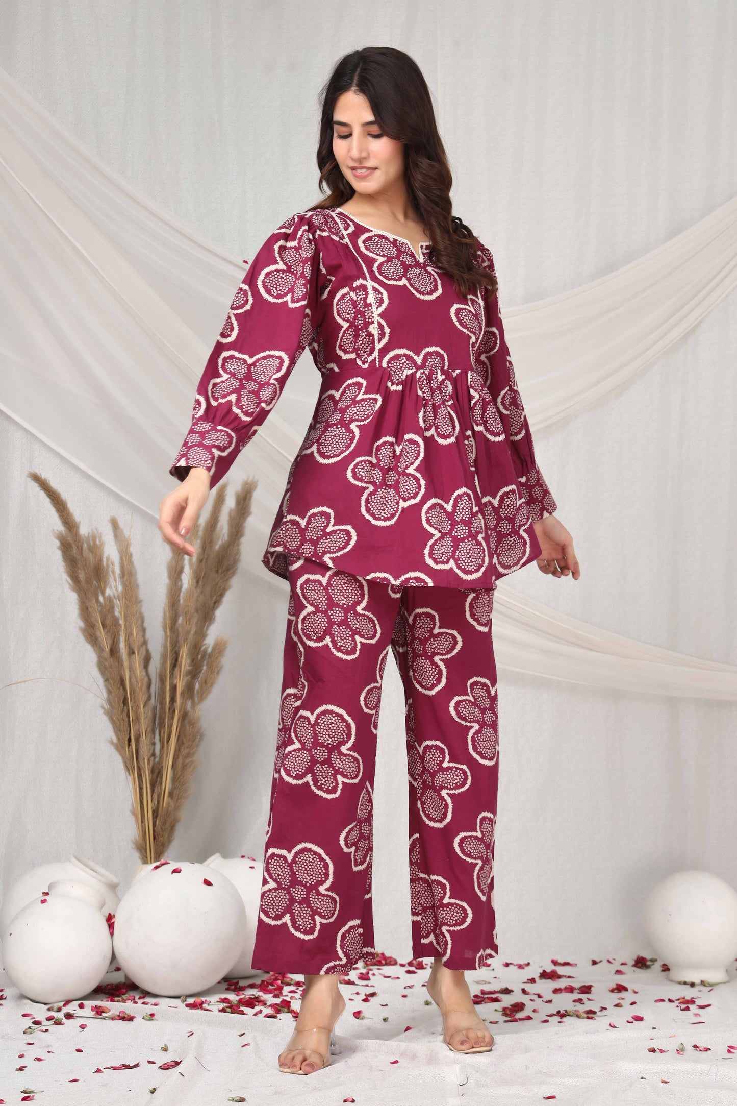 Floral flare in maroon hue co-ord set
