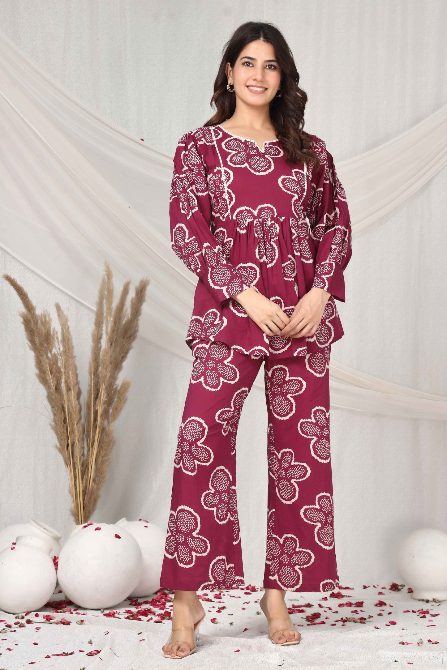 Floral flare in maroon hue co-ord set