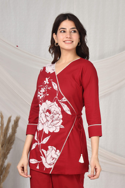 GulBloom Crimson Grace Printed Cotton Co-Ord Set