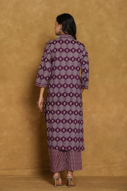 Wine Ajrakh Print with Katha Work Cotton Suit Set