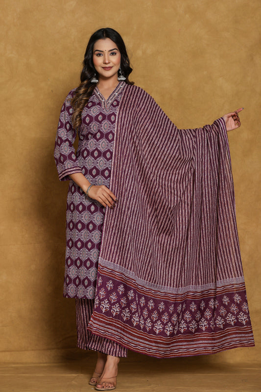 Wine Ajrakh Print with Katha Work Cotton Suit Set
