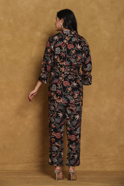 Black Floral Print Co-ord Set with Belt