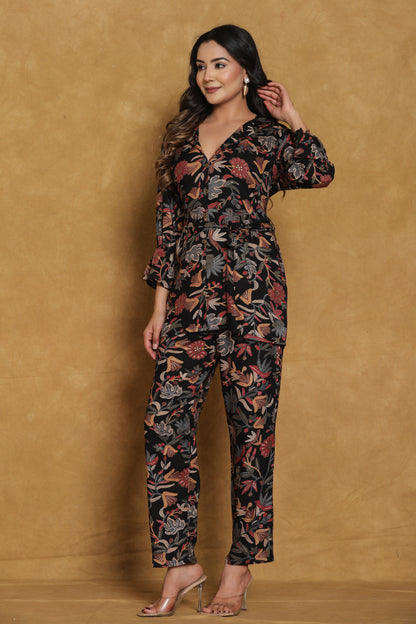 Black Floral Print Co-ord Set with Belt
