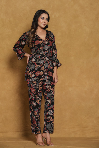 Black Floral Print Co-ord Set with Belt