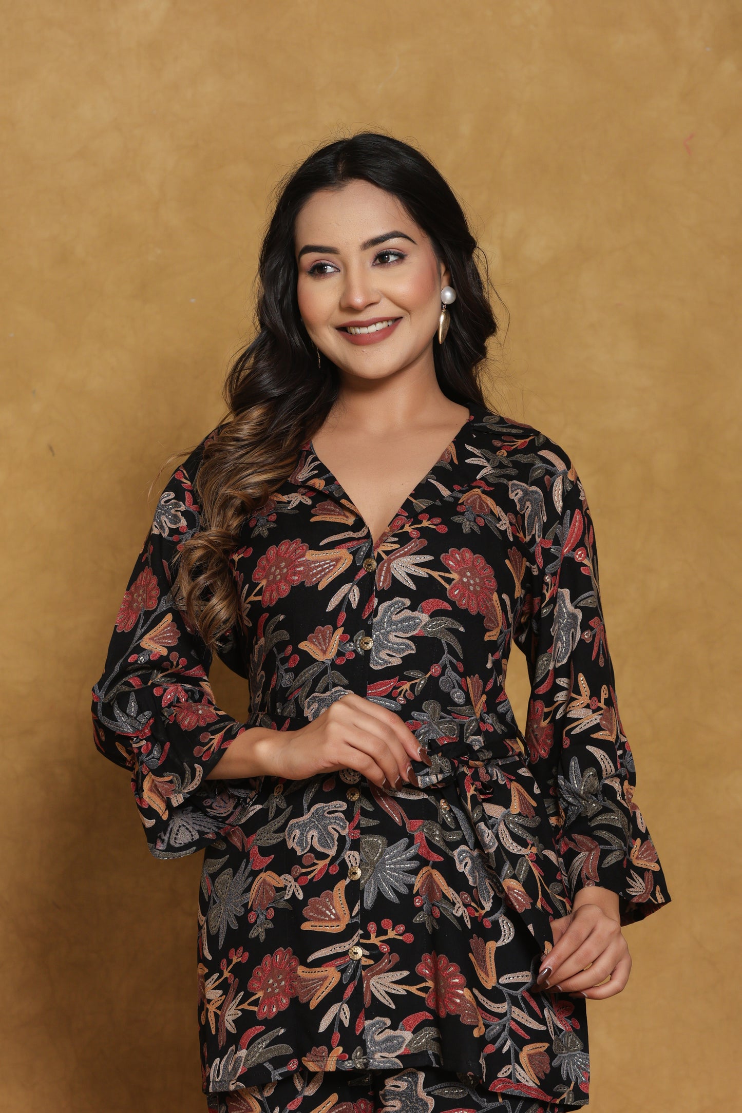 Black Floral Print Co-ord Set with Belt