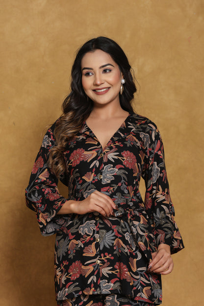 Black Floral Print Co-ord Set with Belt