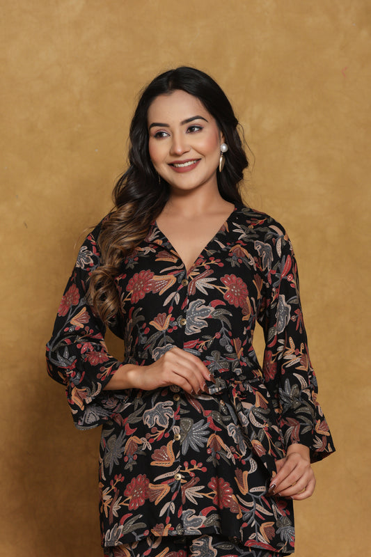 Black Floral Print Co-ord Set with Belt