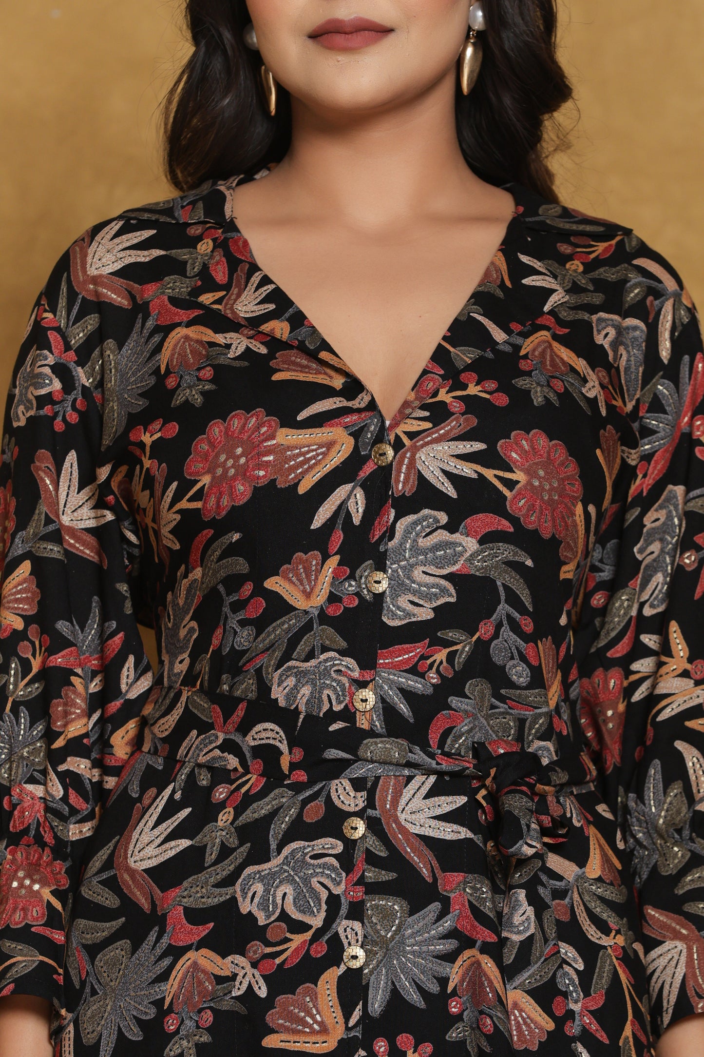 Black Floral Print Co-ord Set with Belt