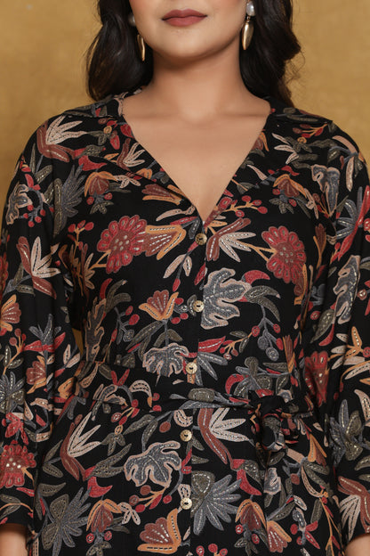 Black Floral Print Co-ord Set with Belt