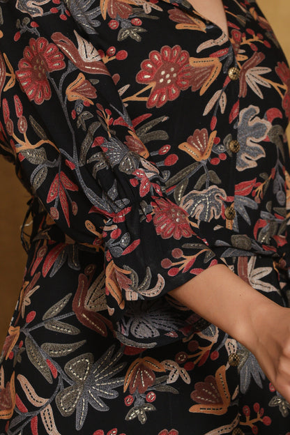 Black Floral Print Co-ord Set with Belt