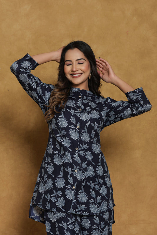 Cotton Dark Blue Floral Printed Co-ord Set