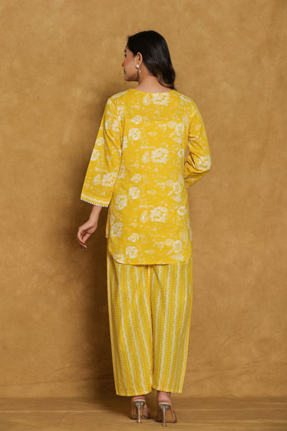 Yellow Floral Cotton Printed Short Kurti with Pant