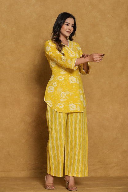 Yellow Floral Cotton Printed Short Kurti with Pant