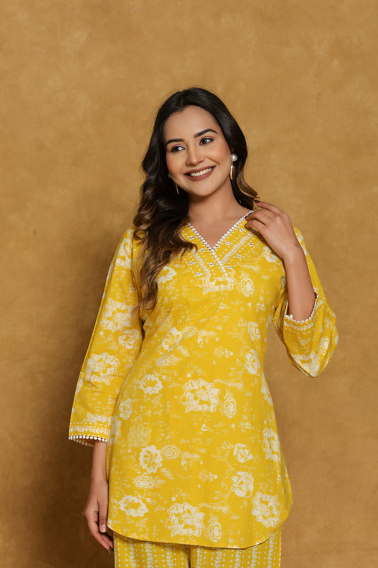 Yellow Floral Cotton Printed Short Kurti with Pant