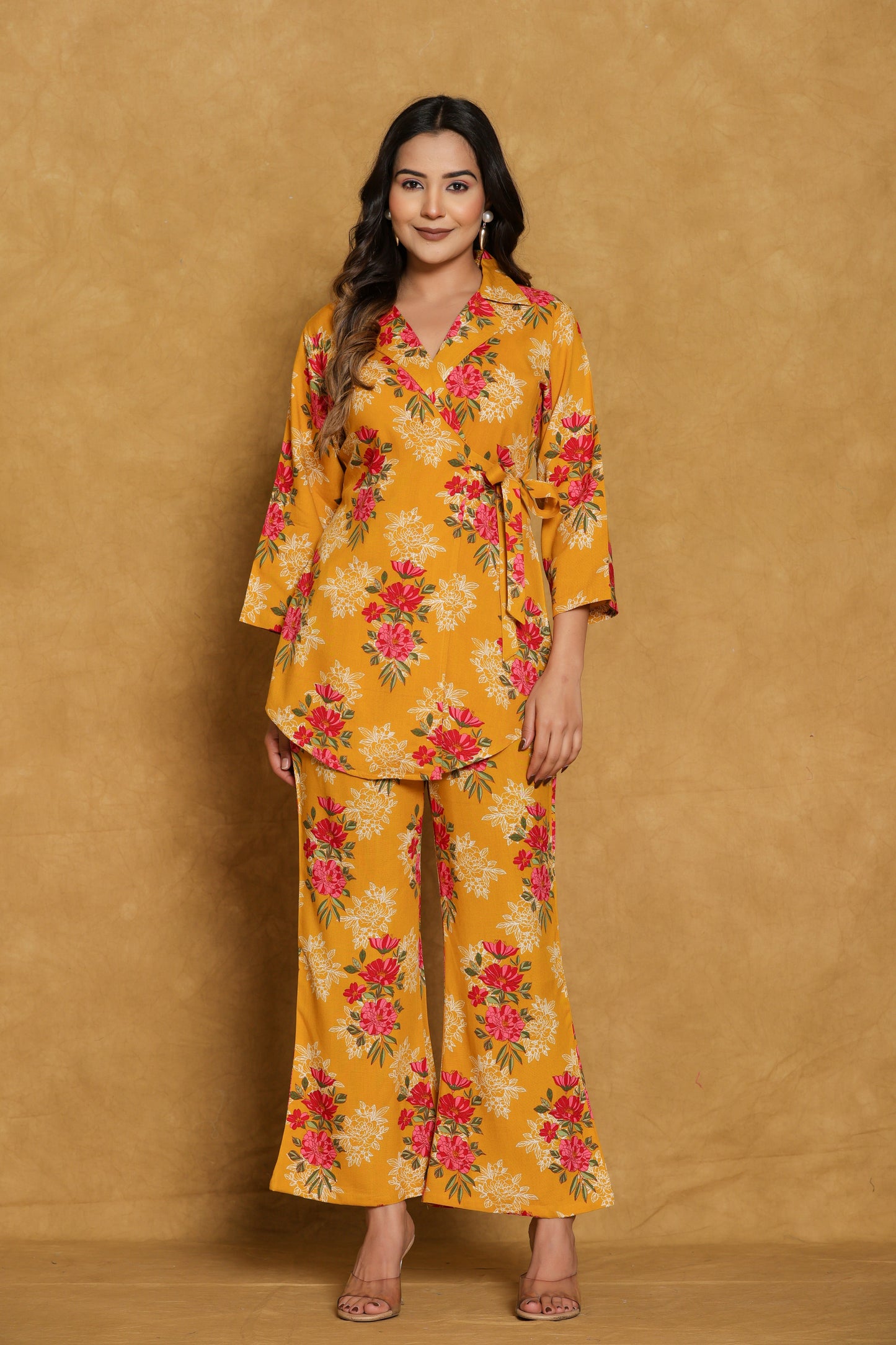 Mustard Floral Cotton Wrap Co-ord Set