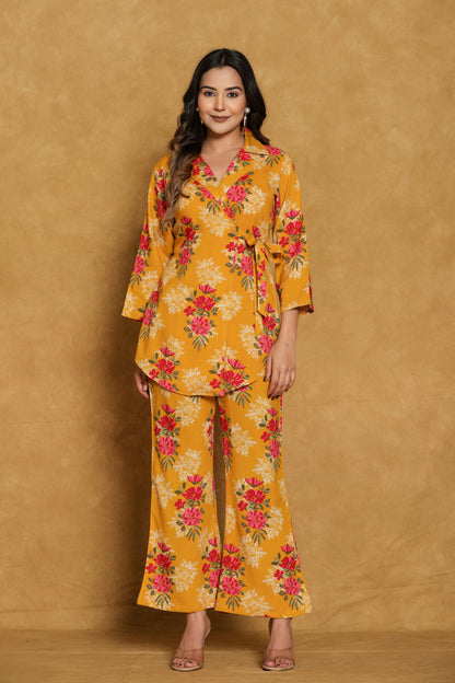Mustard Floral Cotton Wrap Co-ord Set