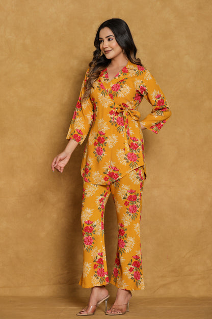 Mustard Floral Cotton Wrap Co-ord Set
