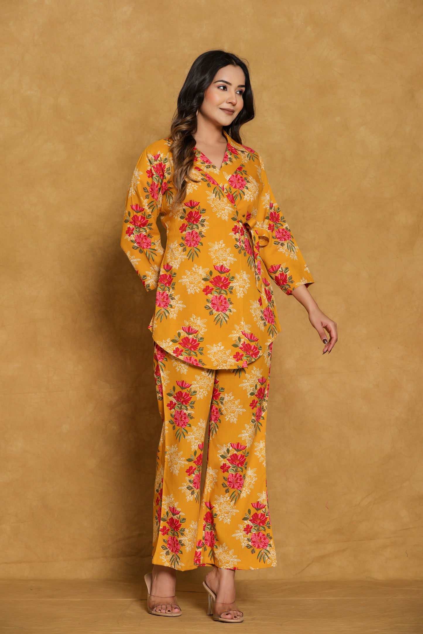 Mustard Floral Cotton Wrap Co-ord Set