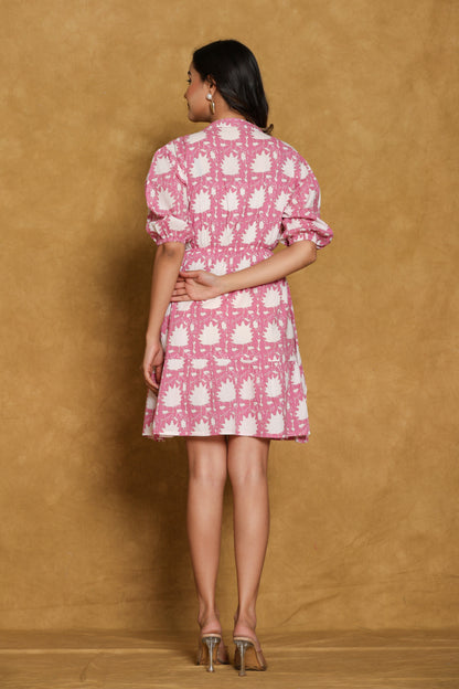 Pink and White Floral Printed Short Dress