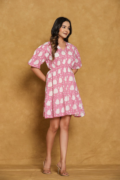 Pink and White Floral Printed Short Dress