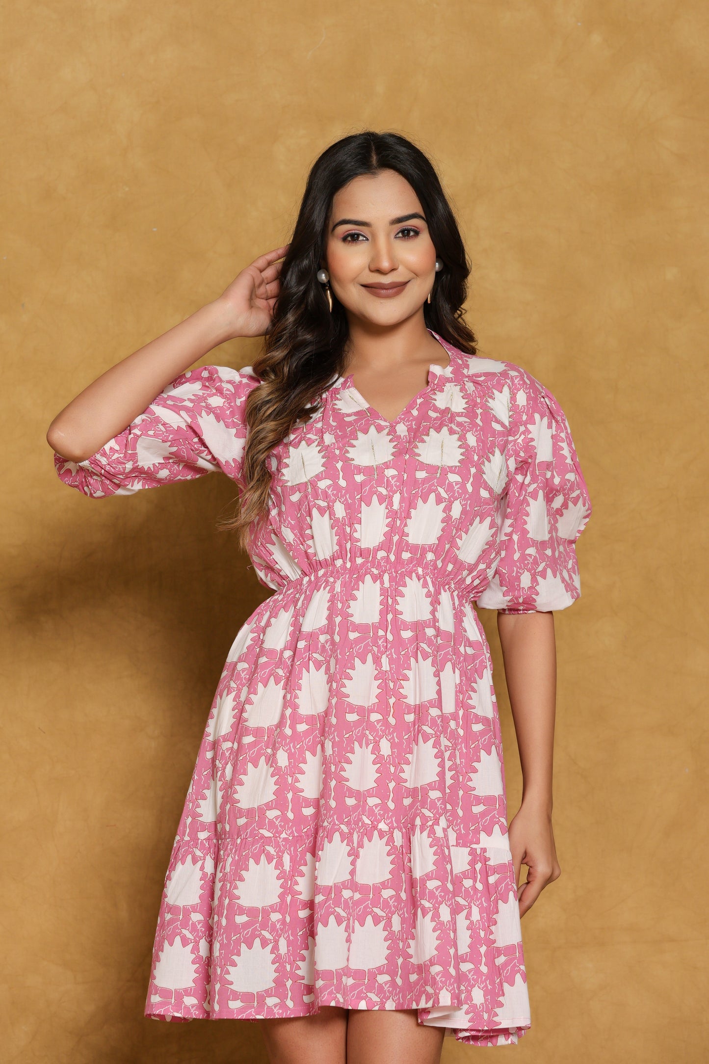Pink and White Floral Printed Short Dress