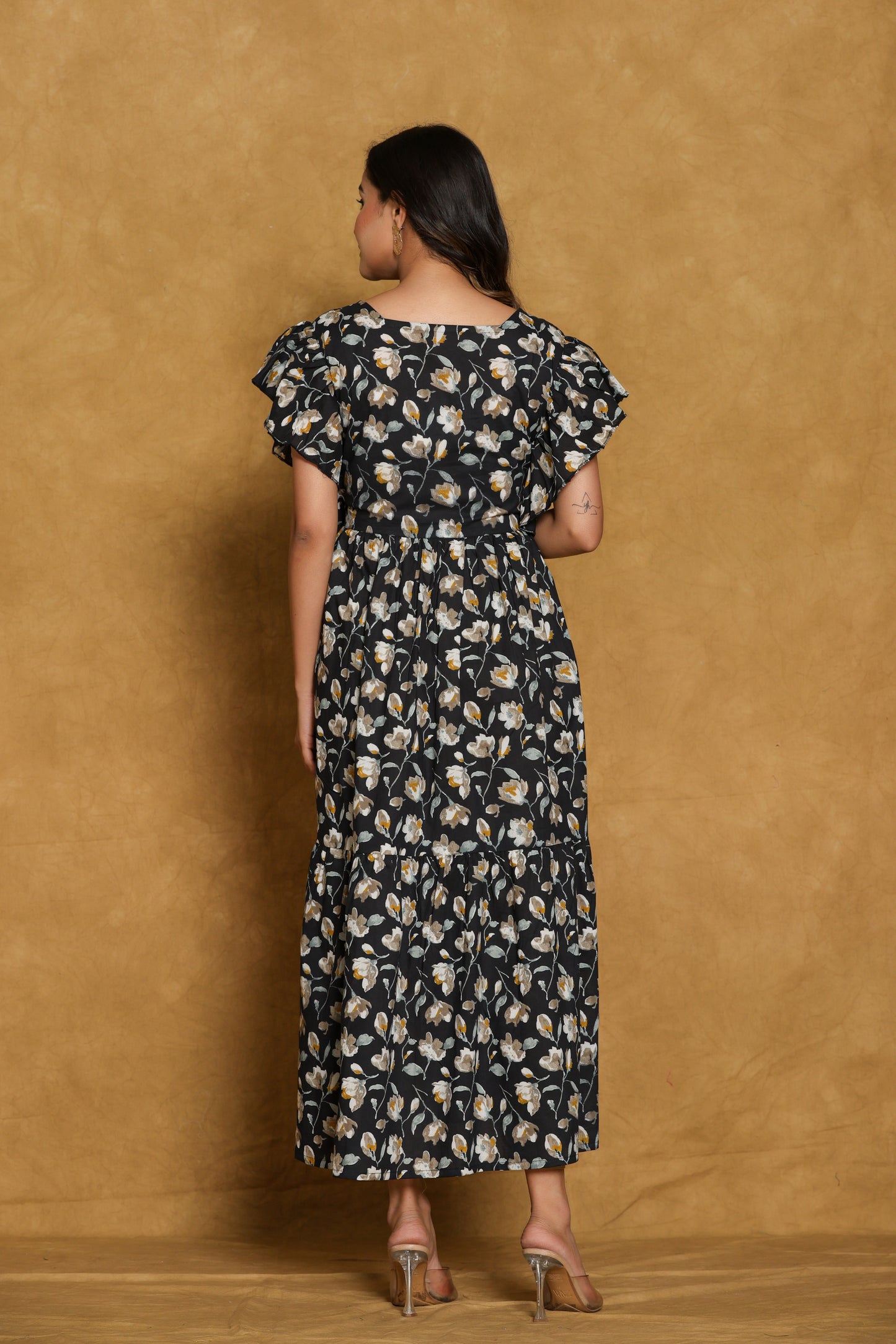 Black Floral Cotton Print Mini Dress