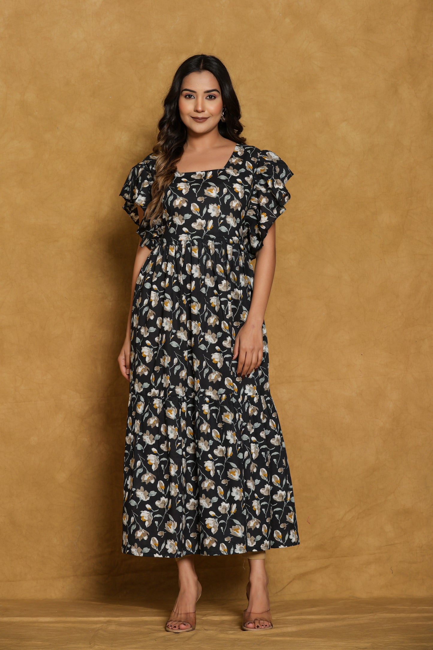Black Floral Cotton Print Mini Dress