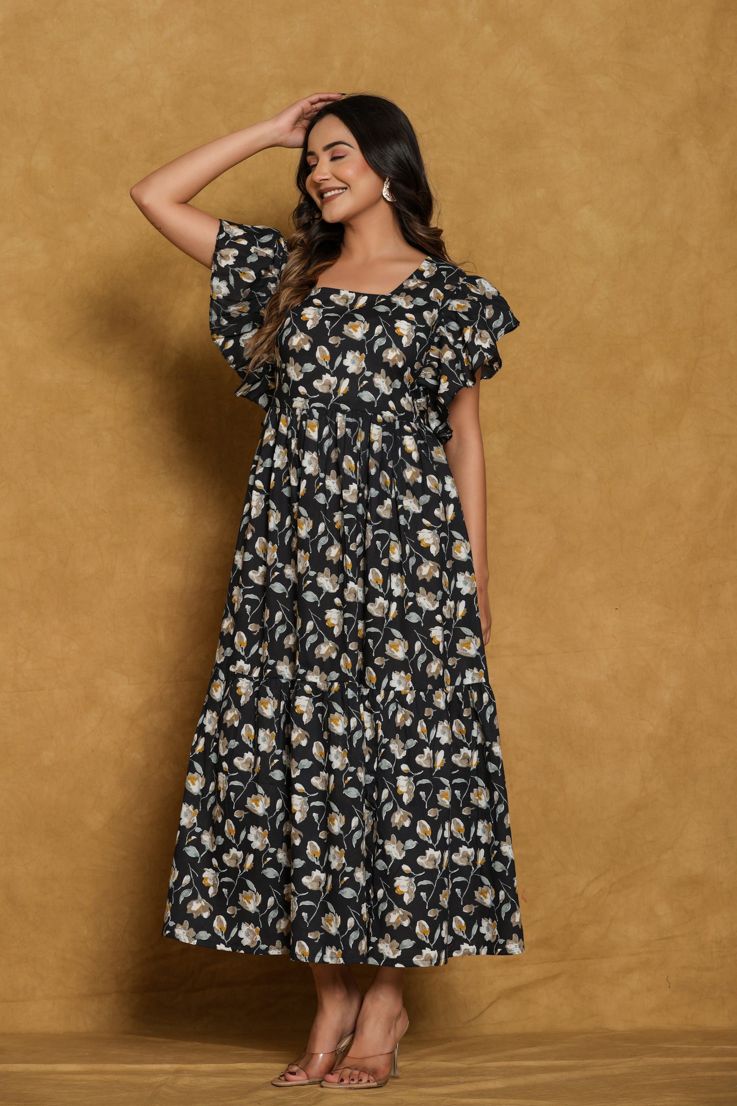Black Floral Cotton Print Mini Dress