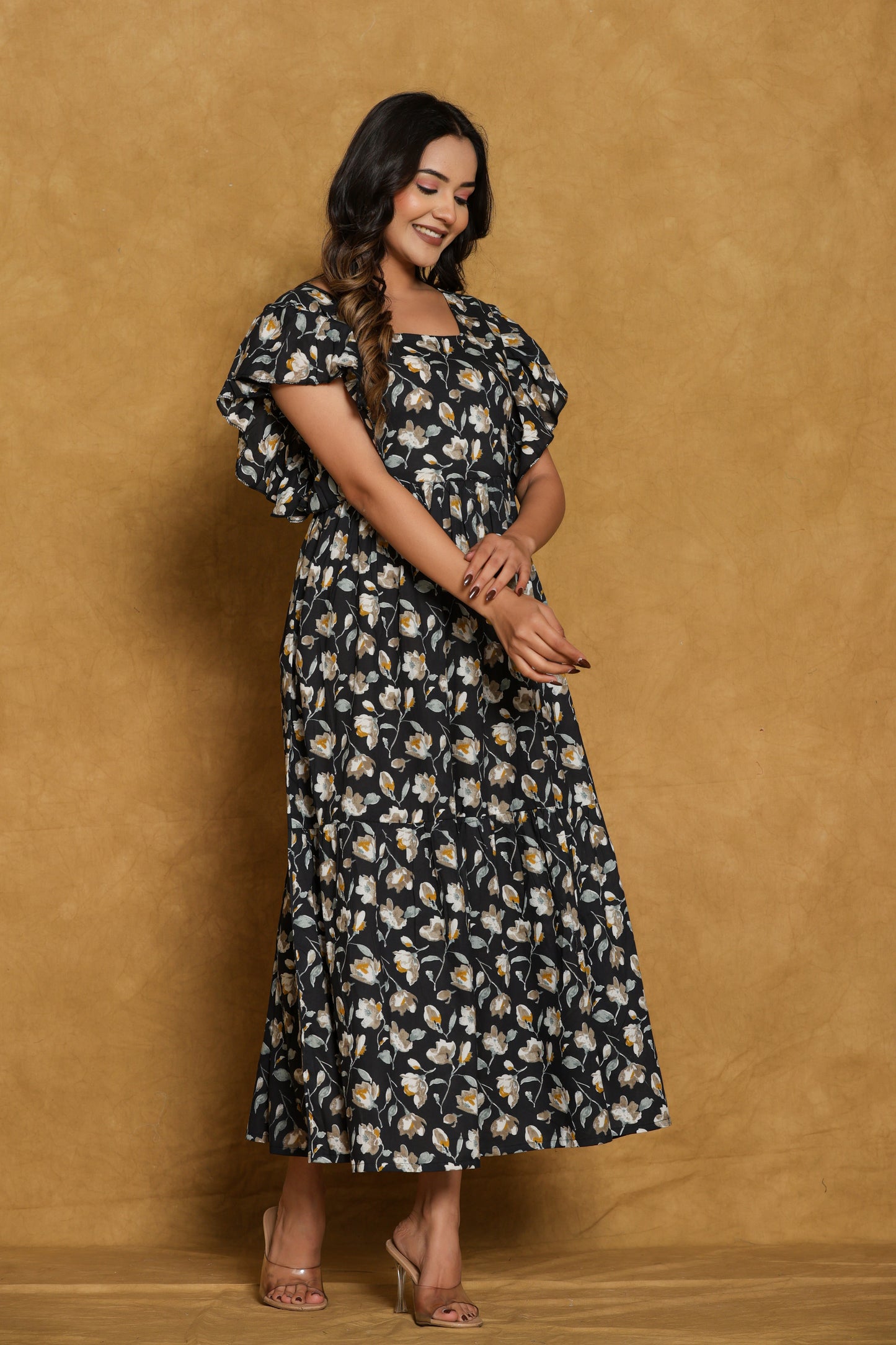 Black Floral Cotton Print Mini Dress