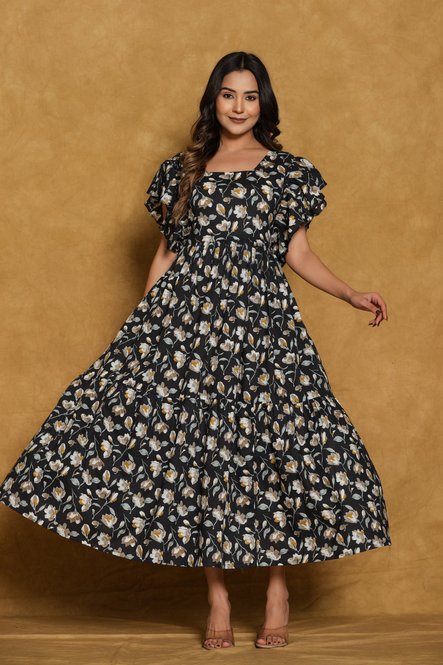Black Floral Cotton Print Mini Dress