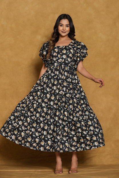 Black Floral Cotton Print Mini Dress