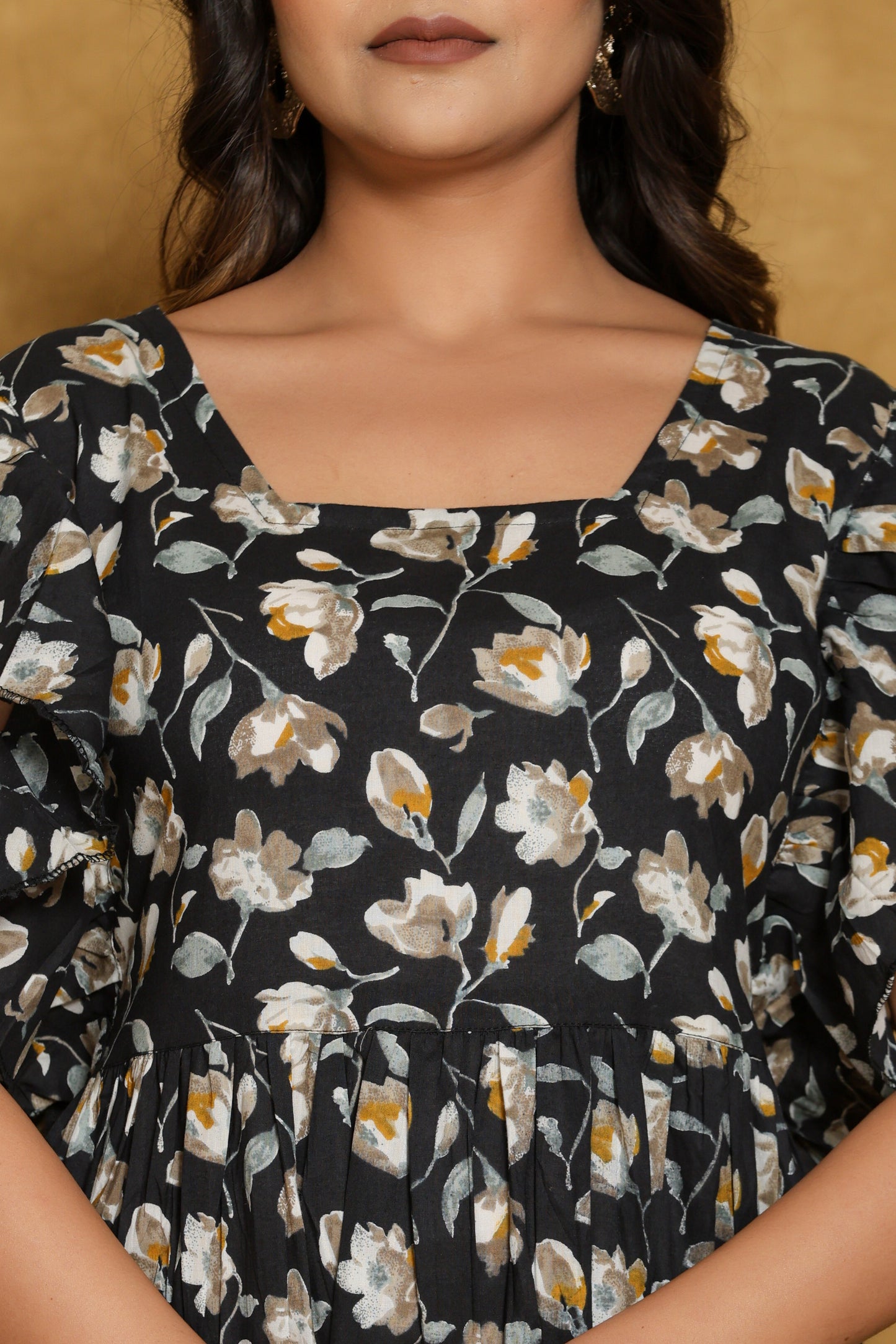 Black Floral Cotton Print Mini Dress