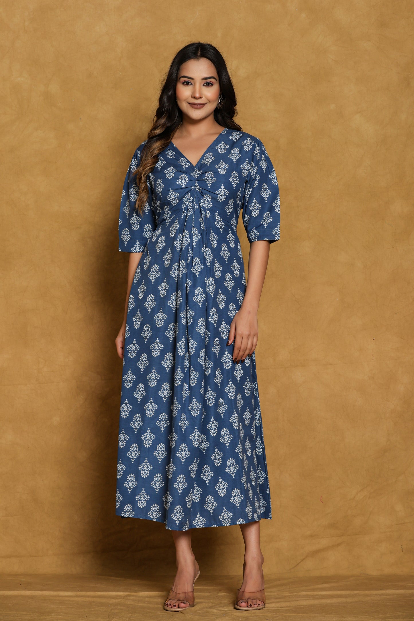 Blue Cotton Block Print Mini Dress
