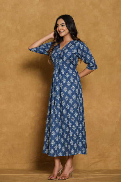 Blue Cotton Block Print Mini Dress
