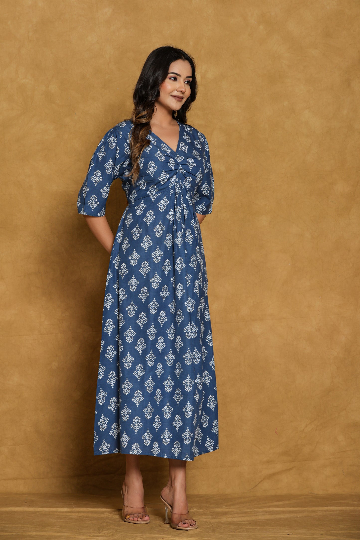 Blue Cotton Block Print Mini Dress