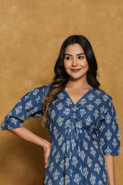 Blue Cotton Block Print Mini Dress