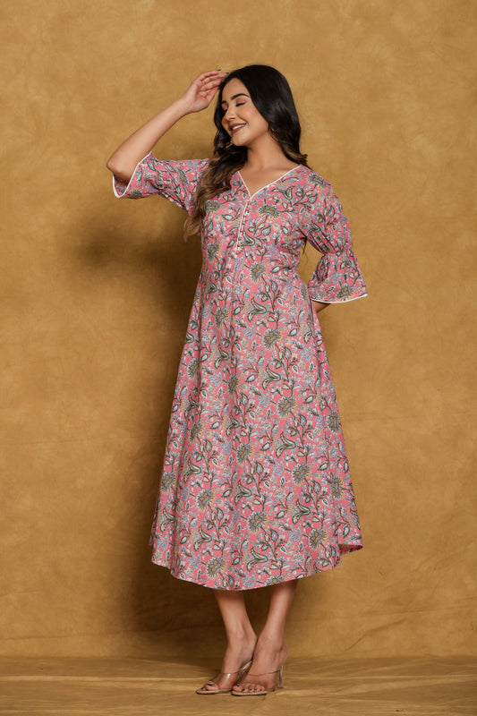 Pink Floral Cotton A-Line Dress