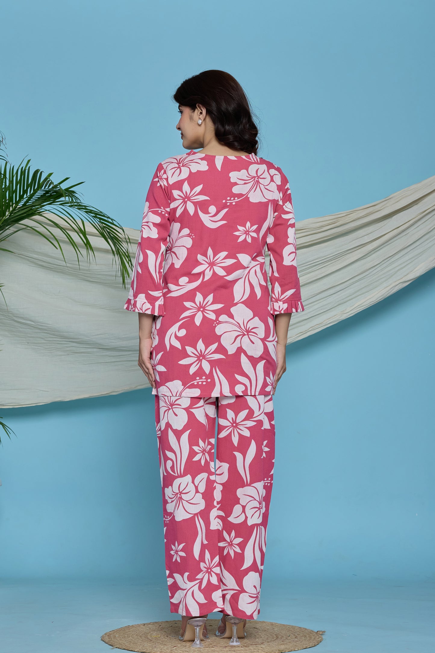 Pink Floral Ruffle cotton flax co-ord set