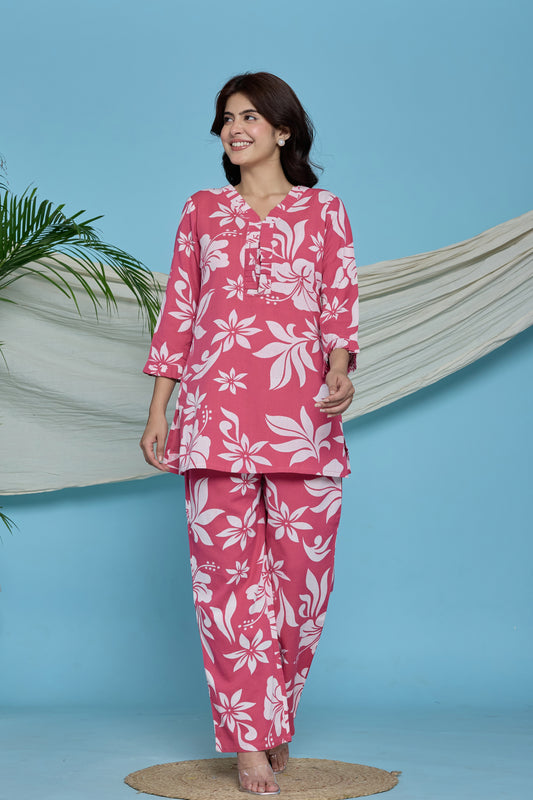 Pink Floral Ruffle cotton flax co-ord set