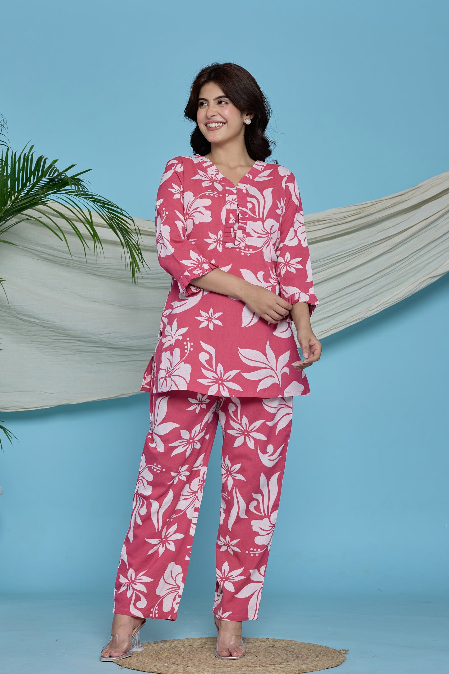 Pink Floral Ruffle cotton flax co-ord set