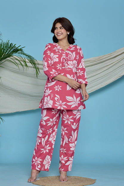 Pink Floral Ruffle cotton flax co-ord set
