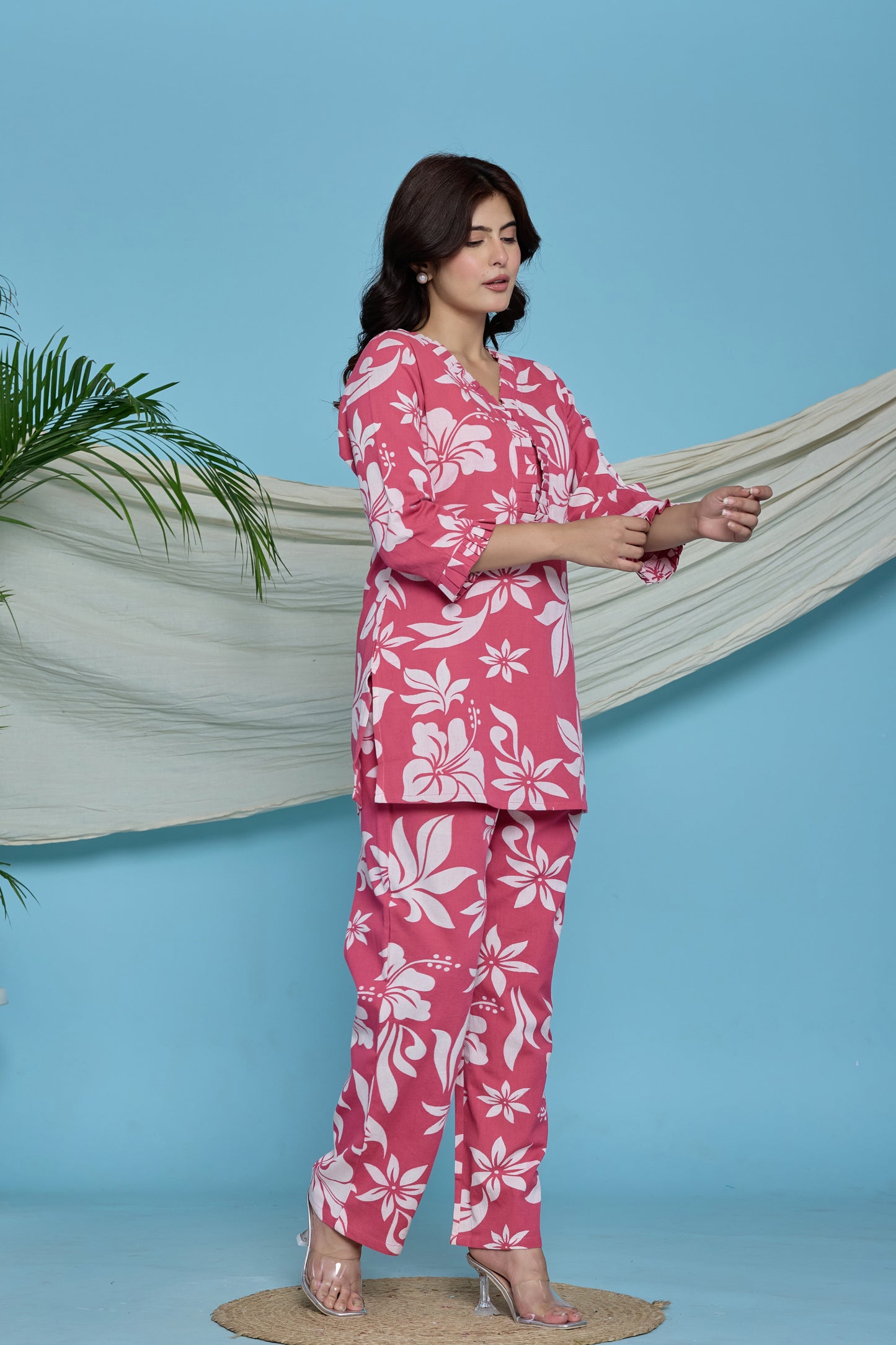 Pink Floral Ruffle cotton flax co-ord set