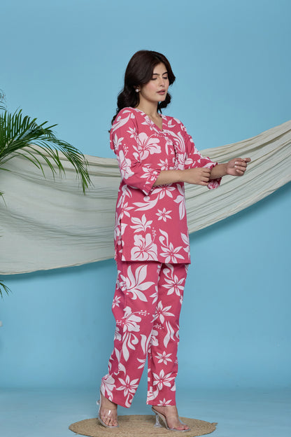 Pink Floral Ruffle cotton flax co-ord set