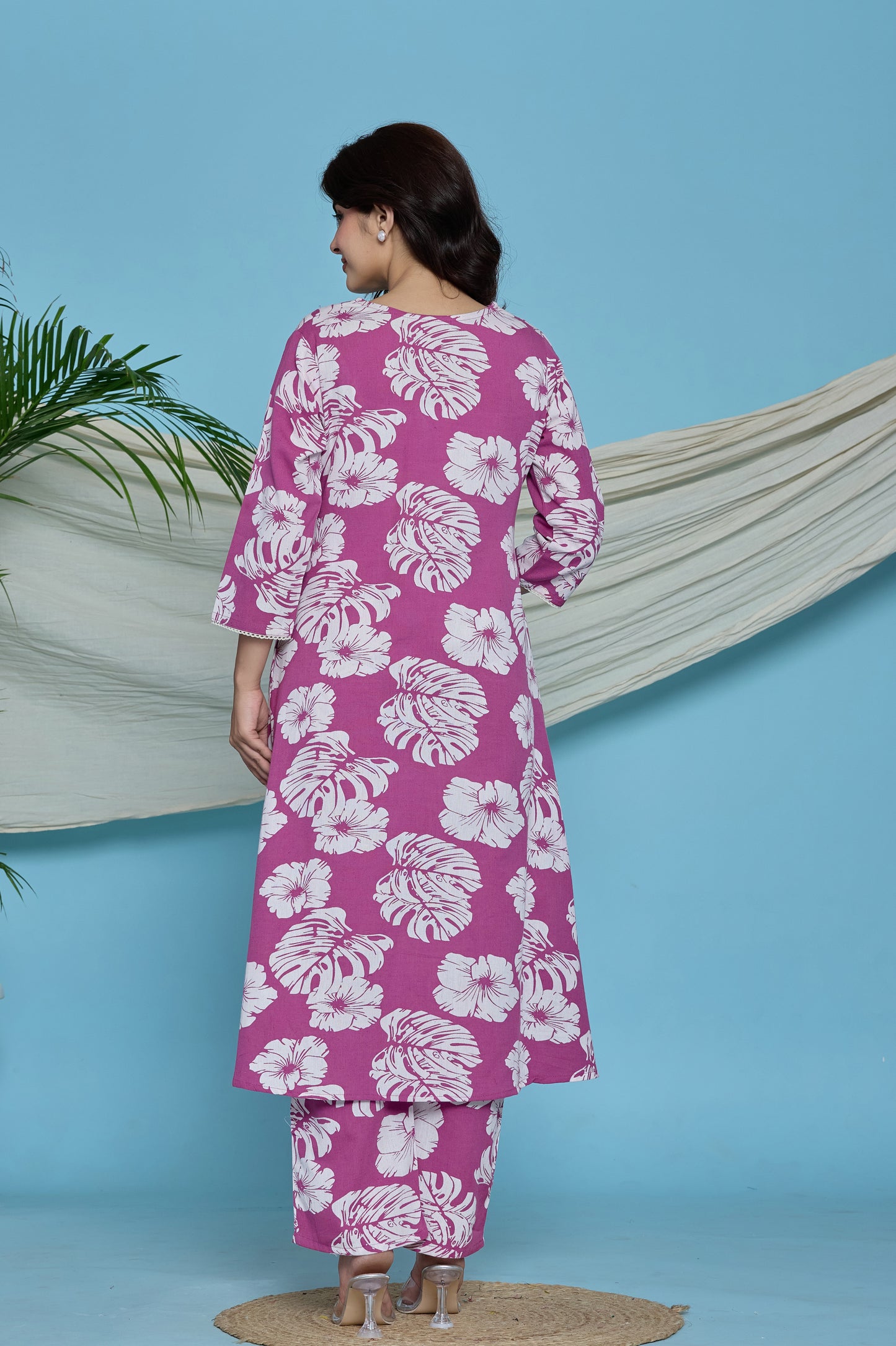 Magenta pink Tropical floral A-Line Emboridery on Neck Co-ord set