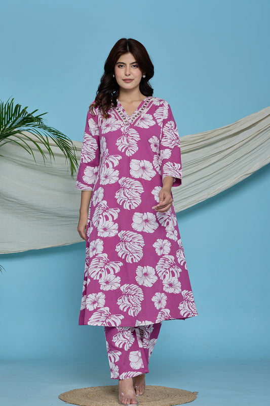 Magenta pink Tropical floral A-Line Emboridery on Neck Co-ord set